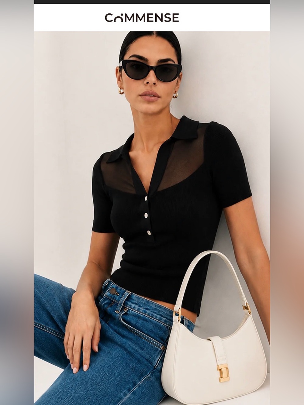 Commense Polo Collar Sheer Panel Knit Top